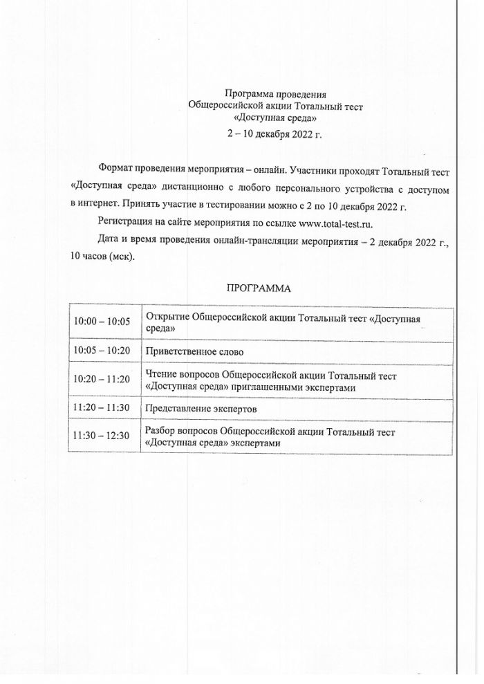 Программа проведения Общероссийской акции Тотальный тест "Доступная среда" 